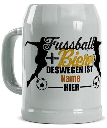 Tassendruck Bierkrug mit Name bedrucken - Fußball und Bier - Personalisiertes Geschenk für Biertrinker, Fußballer, Bier Geschenke, Fußball Geschenke | Fotogeschenk, 500 ml, Keramik Grau