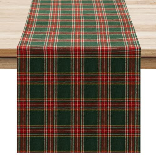 Softalker Tischläufer Weihnachten Kariert Baumwolle Tischläufer, Schmutzabweisend und Abwaschbar, Boho Tischdekoration für Esszimmer, Party, Urlaub, 33 x 183 cm