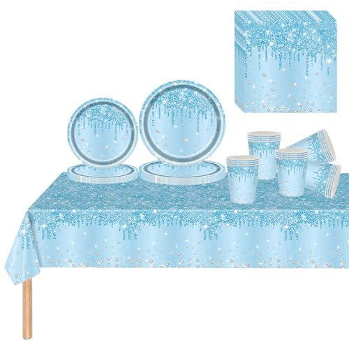81 Pcs Baby Blue Party Tableware Set for Her,Girls,Women,Blue Paper Plates Cups Napkins Blue Tablecloth,Blue Sparkling Dinnerware Set for Kids Adult Birthday,Wedding,Baby Shower Party Blue Tableware