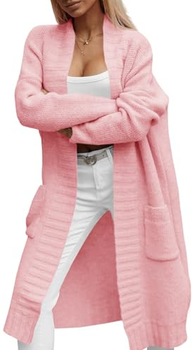 Imily Bela Damen Strickjacke mit Taschen Lang Grobstrick Cardigan Herbst Strickmantel Winter Open Front Pullover(Rosa, L)