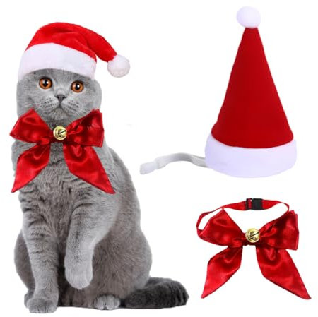 2 Stück Weihnachts Hundekostüme, Weihnachtsmütze für Katzen und Fliege mit Glocken, Weihnachten Katzenbekleidung, Weihnachtskostüm für Katzen Kleine Hunde Welpen Weihnachts Outfit Geschenk