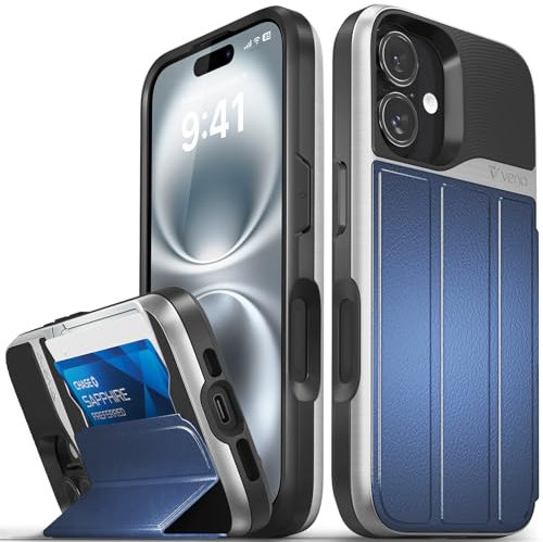 VENA vCommute - Custodia a portafoglio compatibile con Apple iPhone 16 (6,1 pollici), protezione dalle cadute di grado militare, in pelle, con scomparto per carte di credito e cavalletto, colore:
