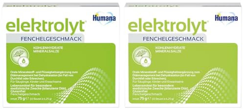 Humana elektrolyt, mit Fenchelgeschmack, nach dem 12. Monat, Pulver zum Auflösen bei Durchfall oder Erbrechen, zur oralen Rehydratation, für Kinder & Erwachsene, 75 g (Packung mit 2)