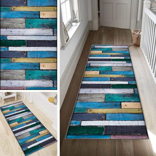 Poaegle Teppich Läufer Flur Blau Lang rutschfest KücheLäufer Holzmaserung Waschbar Schlafzimmer Bunt Teppich Läufer 40x300cm Dauerhaft Läuferteppich FlurLäufer Korridor Meterware