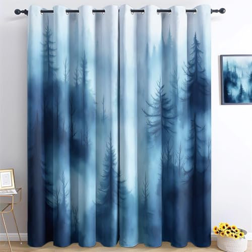 Vorhänge Fantasie-Dschungel mit Ösen Blickdichte Gardinen Hellblau Blackout Curtain Thermovorhang für Kinder Teens, Weich Schlafzimmer Wohnzimmer Verdunklungsvorhänge H166 x B75 cm (2er Pack)