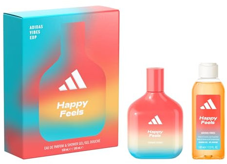 Le coffret adidas Vibes comprenant l'Eau de Parfum Happy Feels et le Gel Douche