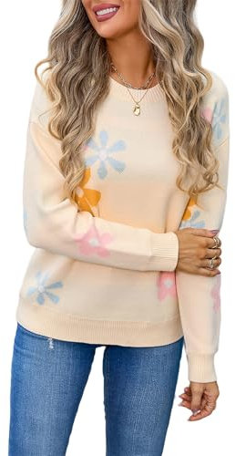 HEYPORK Damen Herbst Winter Warm Bequem Pullover Casual Mode Strickjacke Strickpullover Frauen Bedruckte Blume Pullover Shirt(Aprikose, XL)