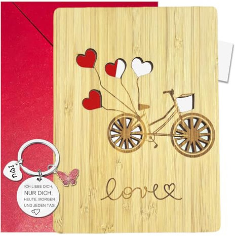 LOOBEAR Muttertag Karte aus Holz, Geldumschlag zum Muttertag, Geldgeschenk Karten Set mit Umschlag und Herz-Schlüsselanhänger Kreative GrußKarte, Geburtstagskarte für Mama (Fahrrad)