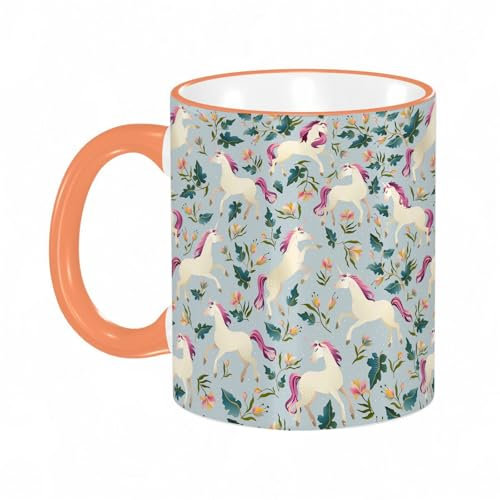 KDWJS Tasse Keramik Kaffeetassen Große 11oz Tassen 330ml Trinkgläser Mit Griff Personalisierte Geschenk Weiß,Einhörner auf blauem Hintergrund mit einem Märchenwald-Muster.