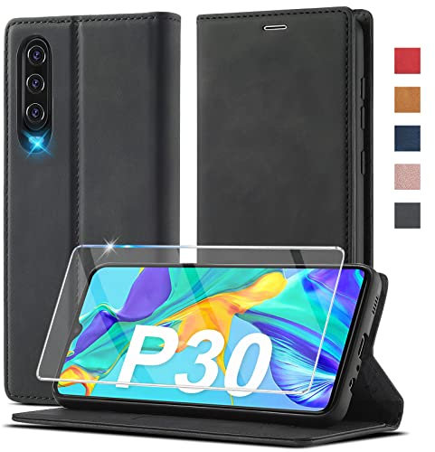 Ailicici für Huawei P30 Hülle Leder, Schutzfolie, Klapphülle, Wallet Case, Standfunktion, Schwarz, Einfarbig, Geldbörse, Frau, Strand, Outdoor