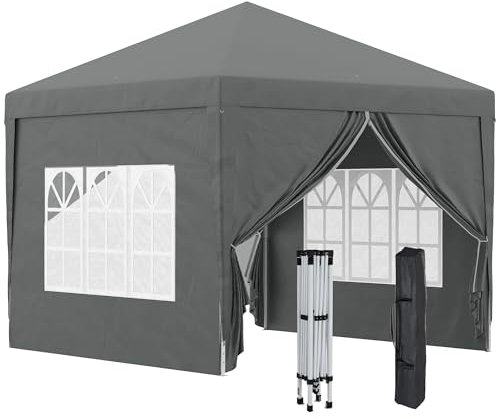 Outsunny Carpa Plegable Pop-up Gazebo 3x3 m Cenador Plegable con 4 Paredes Laterales Anti-UV y Bolsa de Transporte para Camping Fiestas Gris