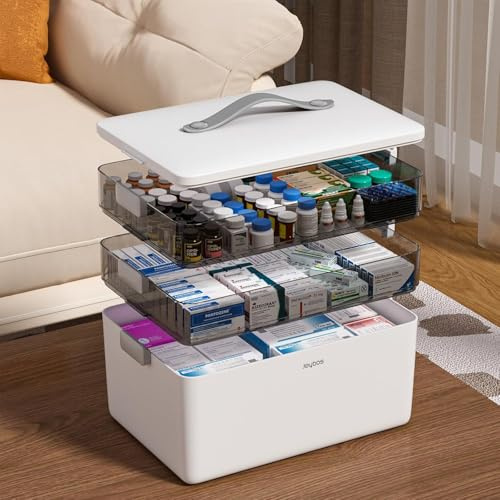 JOYBOS 3-stöckige Medizin-Aufbewahrungsbox, leeres Erste-Hilfe-Set, tragbarer Organizer für medizinische Versorgung, Organizer mit Ledergriff für Zuhause, 3-stöckige Medizin-Aufbewahrungsbox