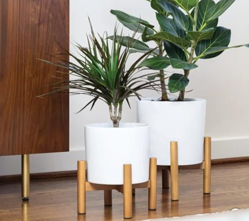 RZHomestore® White Ceramic Plant Pot Set with Bamboo Stands, 2-Pack Planter Set - 23cm & 19cm