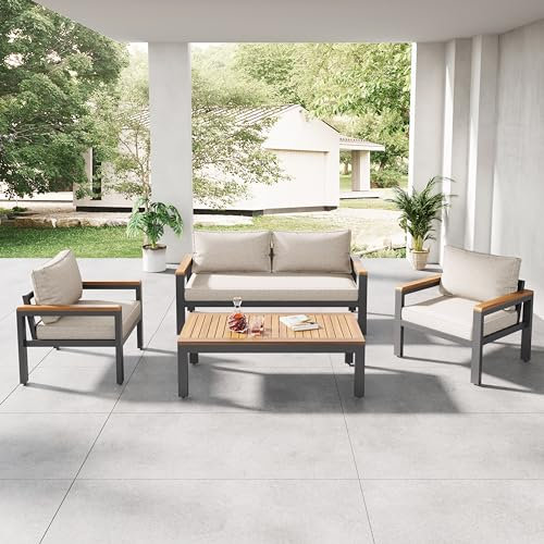 Jtyca Gartenmöbel Set, Lounge Möbel Outdoor, mit Rahmen aus Verzinktem Stahl, 4-teiliges Esstisch-Set (1x 2-Sitzer-Sofa, 2X Einzelstühle, 1x Tisch), Akazienholz Tischplatte und Armlehnen (Beige)