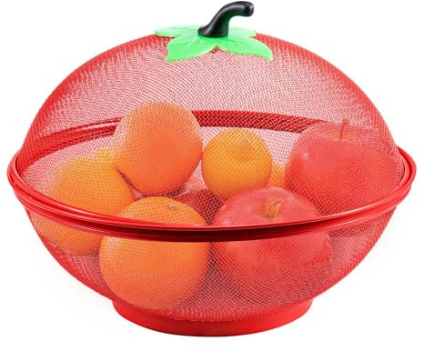 M.J COMFY-LIFE Apple-Shaped Mesh Fruit Basket with Lid, Tabletop Vegetable Holder, Decorative Fruit Bowl for Kitchen, Camping, and Patio Use (Red)