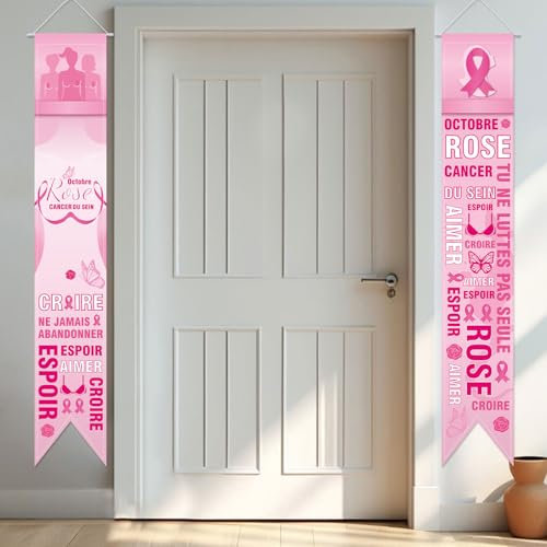 WANDIC Bannière Ruban Rose d'Octobre, 180 * 30cm Banniere Cancer du Sein Personnalisée en Polyester,Conception en Queue de Poisson pour Décoration de Fond de Fête de Charité