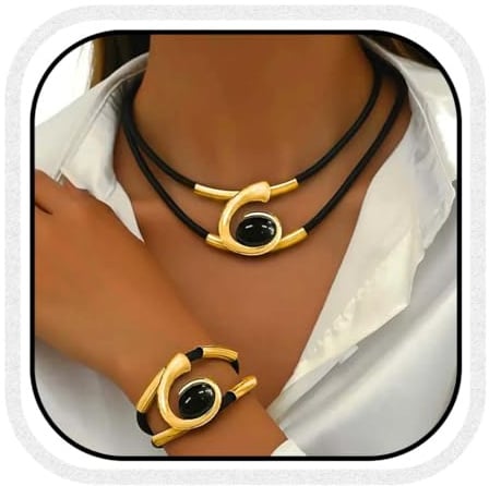 Fashband Goldfarbenes Halsketten-Set im Boho-Stil, doppellagiger Anhänger, Halskette, Armband, Vintage-Stil, Modeschmuck für Damen