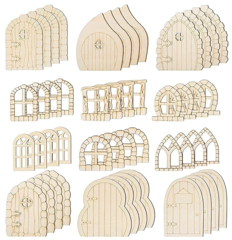 Orivin 48 Stück Unbemalte Feentüren Aus Holz, Mini-Gartentürfenster, Holzstücke, Ausgehöhltes Holzfenster Für Miniaturhandwerk, Retro