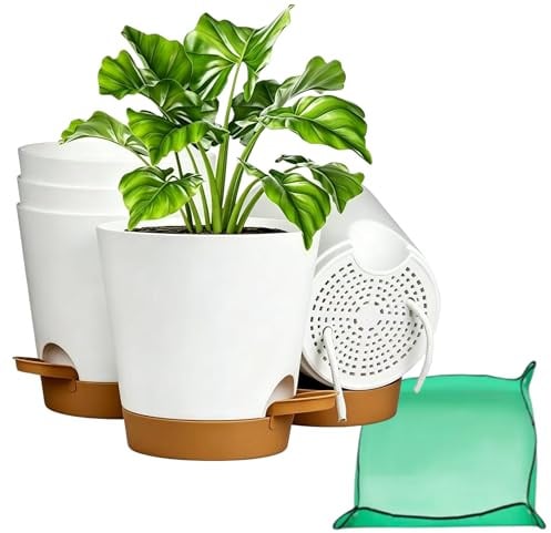 CNKHDZ 6 pack Självvattnande blomkruka17.8cm + hopfällbar planteringskruka, plastblomkruka med bevattningssystem, kruka för inomhus- och balkongväxter Vit
