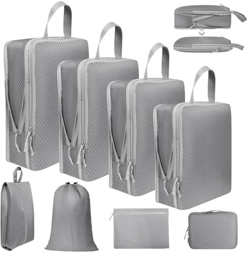 Votoko 8 Teilige Koffer Organizer Packing Cubes Compression, Packwürfel Set Kompression Packtaschen für Kofferorganizer Rucksack Kleidertaschen, Reise Kofferorganizer Ordnungssystem Set, Grau