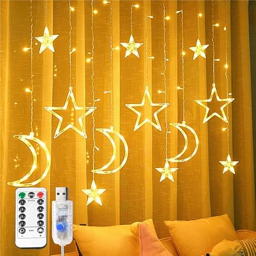Christmas LED Curtain String Lights - 11.5 FT 12 Drops 120 LED Star Moon Hanging Lights with Remote, 8 Flashing Modes, USB Powered Christmas Decorations Lights for Indoor Outdoor Holiday Decorations