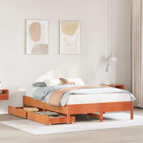 Hoopleep Massivholzbett ohne Matratze, Wachsbraun 140x200 cm Kiefernholz, Queen Bettrahmen mit 2 Schubladen, Plattform Basis für Schlafzimmer Aufbewahrung