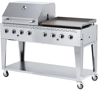 METRO PROFESSIONAL 8-Brenner Gasgrill mit Plancha, Edelstahl, 67 x 51 cm Grillfläche, 30,4 kW, mit Abdeckung, fahrbar, silber