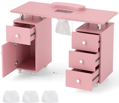 DREAMADE Table Manucure avec Aspirateur, Bureau Onglerie avec 8 Roues, 3 Sacs à Poussière, Repose-Poignet, Tiroirs & Armoire, pour Salon de Beauté, Spa, Maison (Rose)