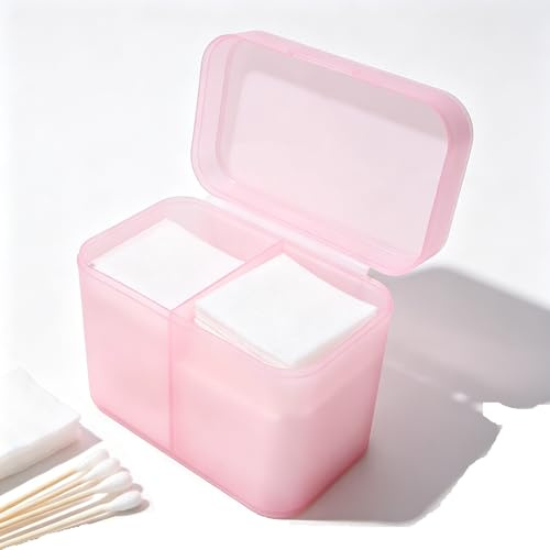 Gsycle Cotton Pad Container Holder, 2 Grid Large Capacity Square Pad Dispenser Plastic Travel Cosmetic Pads Case Cotton Bud Holder with Lid for Cotton Swab, Floss, Cosmetic (Pink)