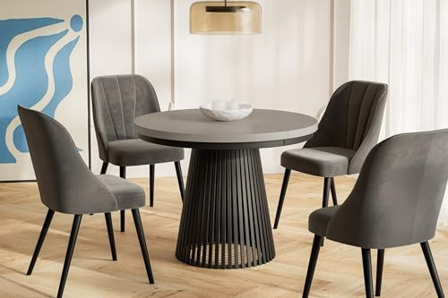AlpiMeble Runder Esstisch Ausziehbar - Moderner Wohnzimmertisch und Küchentisch - Tisch mit Stabile Metallbeine - Durchmesser 100 cm - Grau - Kollektion Nero