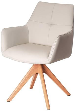 Stuhl ALMARA - 62cm - beige - Echtleder Massivholz-Beine drehbar Armlehne | Auto-Return-Funktion, Federkern-Komfort, Ziersteppung, pflegeleicht, bequeme Polsterung, stabil, hoher Komfort