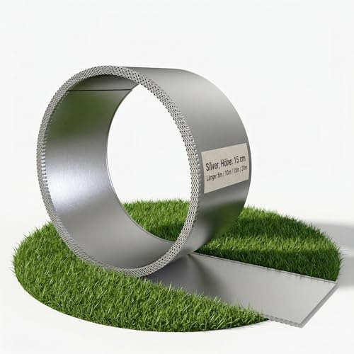 Suusolny Metall Verzinkte Rasenkanten 15 cm Hohe,Stabil & Wartungsfrei,Für Beete, Wege & Grundstücksbegrenzungen,Mit Verbindungsteilen - Länge: 15 m, Silber