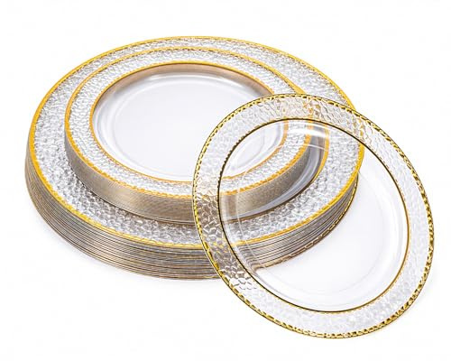 Set of 40 Transparent Plates with Gold-Trimmed Edges, Hammered Gold Rim, 2 Sizes (20×26 cm & 20×19 cm)
