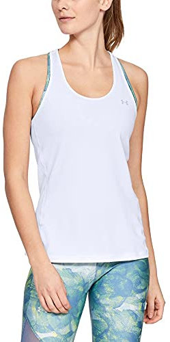 Under Armour UA Heatgear Racer, atmungsaktives Sportoberteil für Frauen, bequemes Sportshirt mit enganliegender Passform Damen, Weiß (White / Metallic Silver) , L