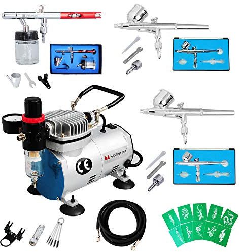 Voilamart Complete Airbrush Kit with Compressor 1/6HP High Performance Quiet Compressor 0.35mm 5cc/22cc Dual Action Air Brush Gun Nail Tattoo Art Paint Makeup Cake Decoration Car Paint Brush