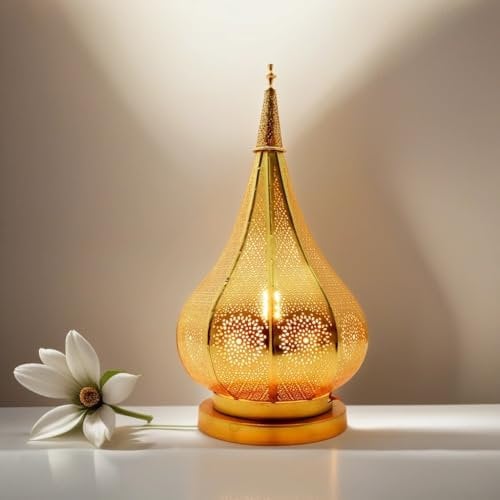 Orientalische kleine Tischlampe Lampe Kais 38cm Gold E14 | Marokkanische Tischlampen klein aus Metall, Lampenschirm | Nachttischlampe modern, für Vintage, Retro & Landhaus Stil Design