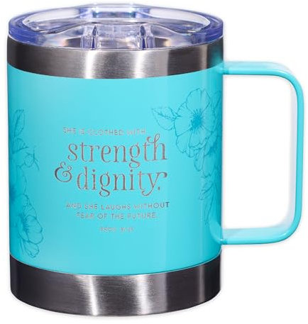 Christian Art Gifts Stainless Steel Double Wall Vacuum Insulated Camp Style Travel Mug 11 oz Floral Teal Coffee Mug with Lid and Handle for Women - Strength and Dignity - Proverbs 31:25