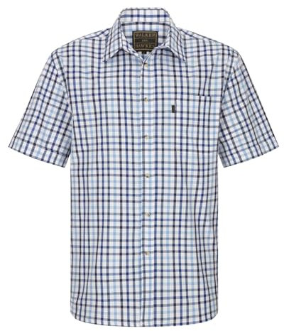 WALKER AND HAWKES - Men's Checkered Blue and Red 100% Cotton Short Sleeve Canterbury Country Shirt with Pocket Classic-Fit - Blue - Large (42'')