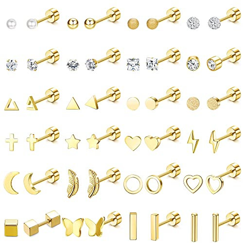 JeweBella 24 Pairs Kleine Ohrstecker Damen Set Chirurgenstahl Knorpel Helix Ohrringe Hypoallergen Stern Mond Perle Flach Ohrringe Zirkonia Set Piercing Ohr Ohrstecker für Mädchen Herren