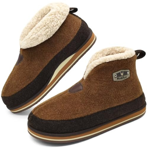 KuaiLu Mens Felt Winter Warm Boot Slippers Cosy Memory Foam Faux-Fleece Lined Bootie Slippers with Comfy Arch Support House Shoes Non-Slip Indoor Outdoor Hard Sole Beige 8