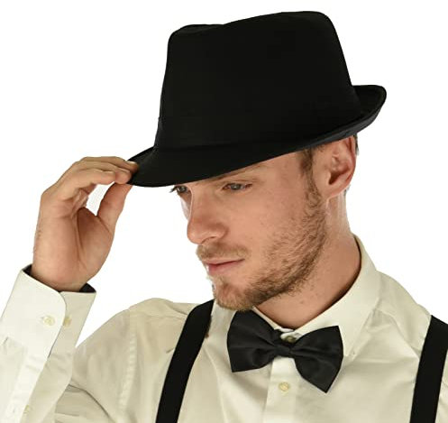 Klassischer Manhattan Trilby-Fedora-Hut für Damen, kurze Krempe, Gangster-Trilby-Fedora-Hut (Größe 7 1/4), Schwarzes Design2, M