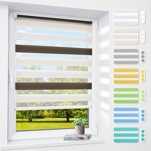 Doppelrollo klemmfix ohne Bohren & mit Bohren, 40x120cm (BxH) Weiß Creme Braun, 3-in-1 Duo Rollo für Fenster & Tür, Fensterrollo innen lichtdurchlässig & verdunkelnd, Klemmrollo Rollos Sonnenschutz
