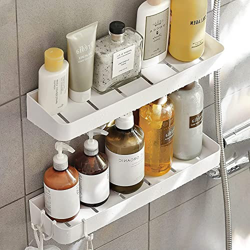 Toski Bandeja de ducha sin taladrar, 30 cm de ancho, estante de baño blanco para colgar, 2 unidades, organizador con 6 ganchos para cocina