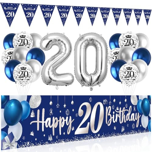 20. Geburtstag Deko Mann Frau - Happy Birthday Banner Blau Silber, Luftballons, Wimpel Girlande, Hintergrund Ballons Marineblau Silber für Jungen Party Deko