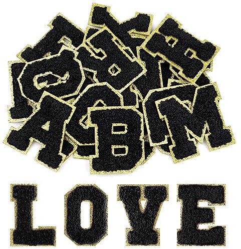 Morcheiong 52 Stück selbstklebende Chenille-Buchstabenflicken A-Z, Buchstaben zum Aufbügeln für selbstgemachte Kleidung, Stoffe, Schuhe, Taschen (schwarz)