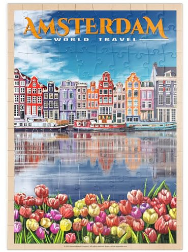 MyPuzzle Amsterdam, Niederlande - Stadt der Grachten, Vintage Travel Poster - Premium 100 Teile Puzzle - MyPuzzle Sonderkollektion von Havana Puzzle Company