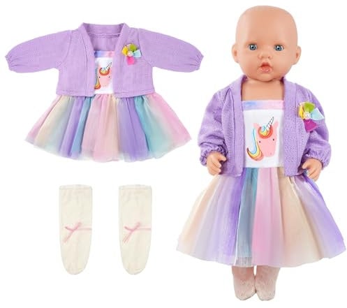 Aolso Vestiti per Bambole per New Born Baby Doll, Abiti per Bambolotti 35-45cm, Abito da Unicorno, Incluso 1 Vestito da Unicorno + 1 Giacca Viola + 1 Paio di Calzini Beige + 1 Gruccia Rosa