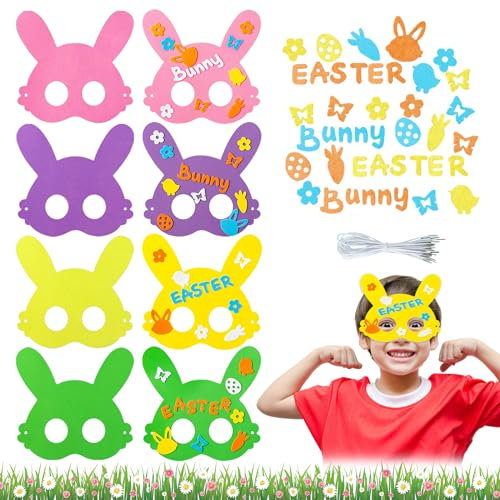 8 Stück Ostern Basteln Kinder, Ostereier Bastelset, DIY Kaninchenmaske Filz, Osterhase Maske, Oster Moosgummi Bastelsets, Cosplay Kindermasken für Ostern Karneval Frühlingszeit Geburtstag Geschenk