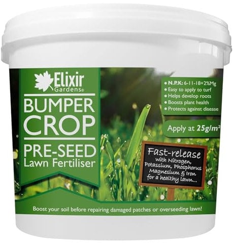 Elixir Gardens Bumper Crop Pre-Seed Lawn/Turf Fertiliser | Grass Seed Starter & Soil Prep for Overseeding & Patch Repair with Magnesium & Iron | N.P.K: 6-11-18 + 2% Mg + 0.6% Fe | 1kg Tub