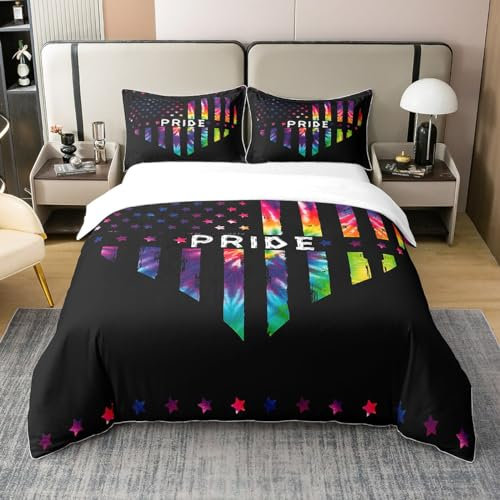 Aquarell Liebe Herz 100% Baumwolle Bettbezug für Valentinstag,Gay Pride Tröster Bezug für Paare,Regenbogen Amerikanische Flagge Bettwäsche Set,LGBT Pride Bett Set 220x240